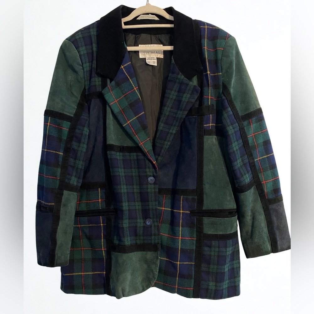 Vintage 90’s Brandon Thomas Plaid Leather Wool Blazer Green Blue Size 16T